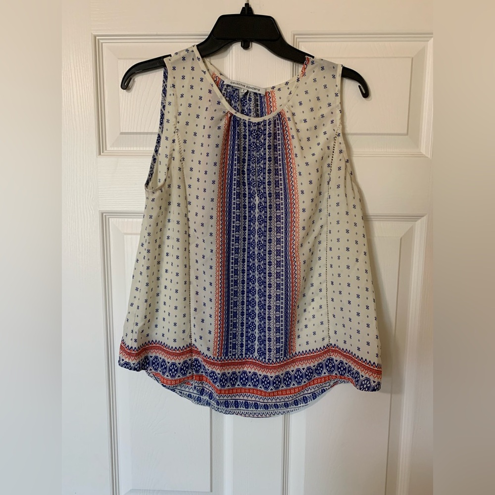 Collective Concepts Abstract Cream Blue Patterned Blouse Size L Boho Coquette